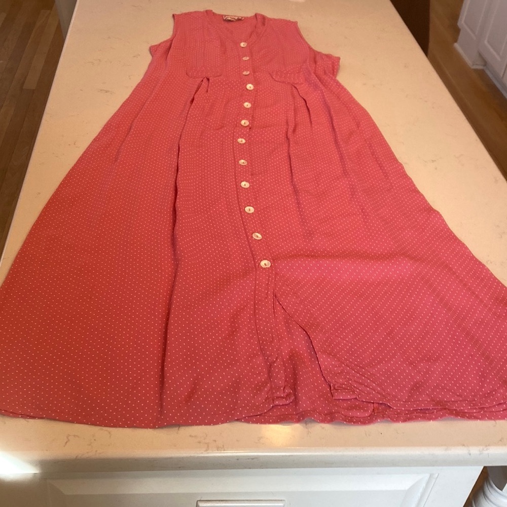 April Cornell Vintage Pink Polka Dot Button Front Maxi Dress M